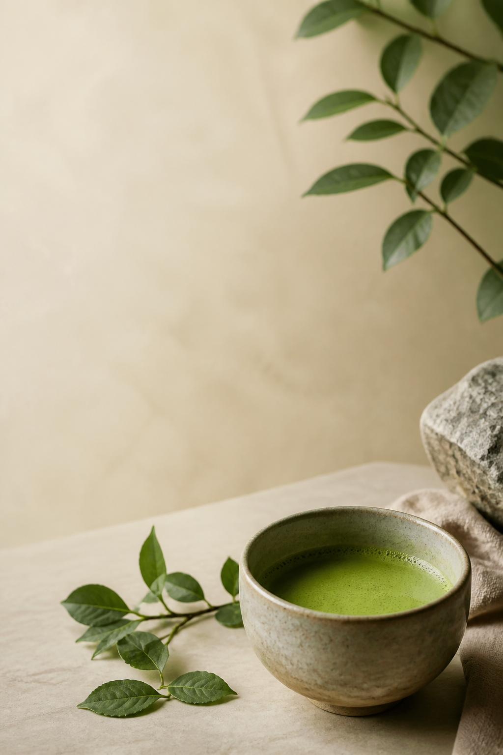 Matcha bowl with leaves